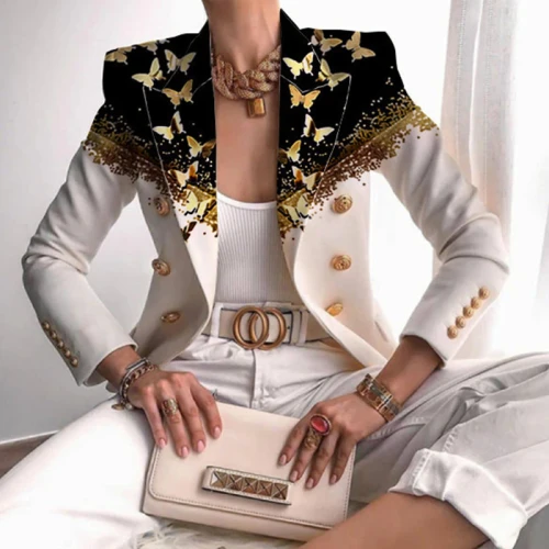 Lady Print Blazer Coat Fashion Turn-Down Collar  Casual Long  Blazers