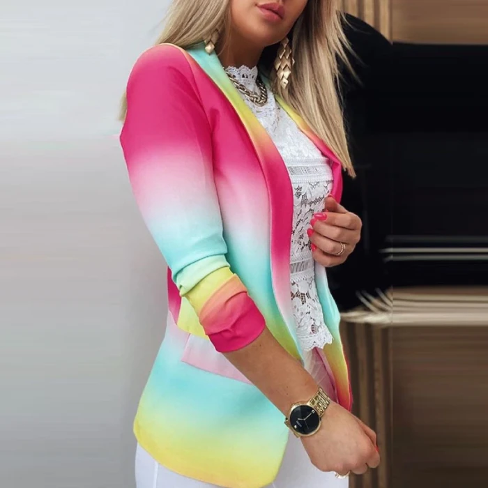 2021 Spring Colorful Printed Notched Collar Cardigan Women Casual Long Sleeve Tops Blazers Autumn Elegant Office Lady Suit Coats