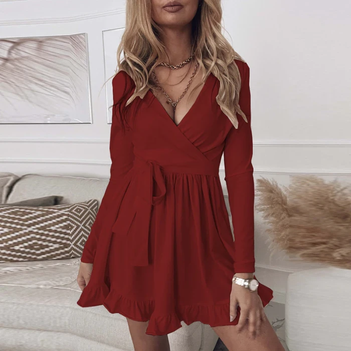 Women V-Neck Folds Ruffle Mini Dress Fashion Spring Chic Lace-Up Solid Party Dress Autumn Long Sleeve Knitted Bottom Slim Dress