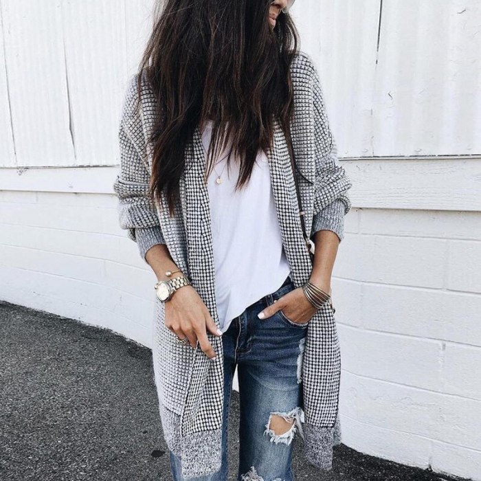 Women's Fashion Casual Plaid Woolen Long Sleeve Cardigan Jacket Gray