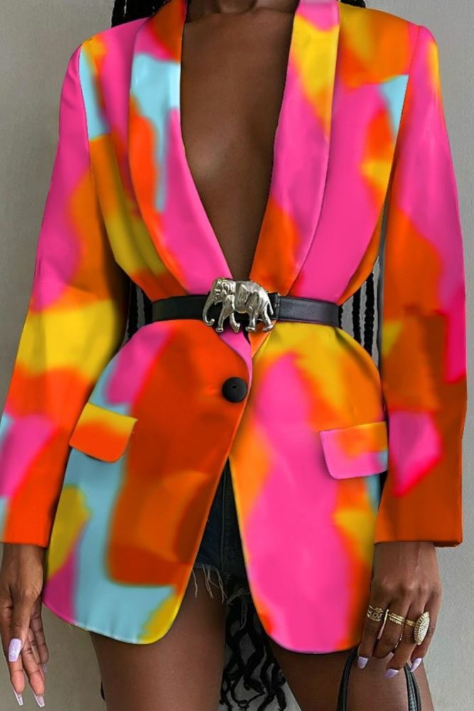 Elegant Pattern Printed Blazer Coats Women Sexy Turn-down Collar Outerwear Tops Autumn Winter Long Sleeve Button Suits Cardigan