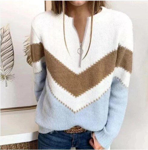 Patchwork Spring Sweater Ladies Knitted Sweater Women Zipper  Full Sleeve Jumper Pullovers Top 2021