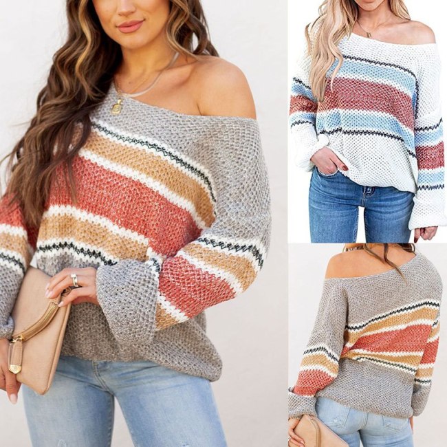 Pullovers Women Striped Knitted Sweater Warm Casual Long Sleeve Off Shoulder Loose Knit Young Girl Fashion Casual Jumper  Autumn