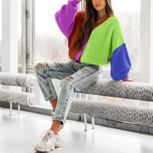 Sexy V Neck Button Women's Cardigan Tops Casual Colorful Patchwork Loose Knit Sweater Autumn Winter Long Sleeve Knitted Sweaters