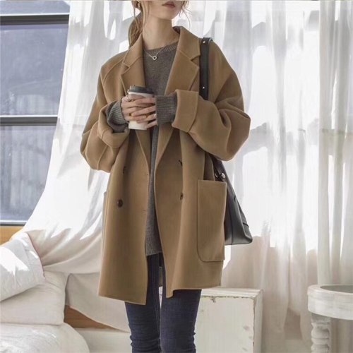 Women Wool Coats Solid Fashion Warm Loose Casual All-match Ulzzang Retro Simple Female Office Lady Double Breasted Blends Jacket