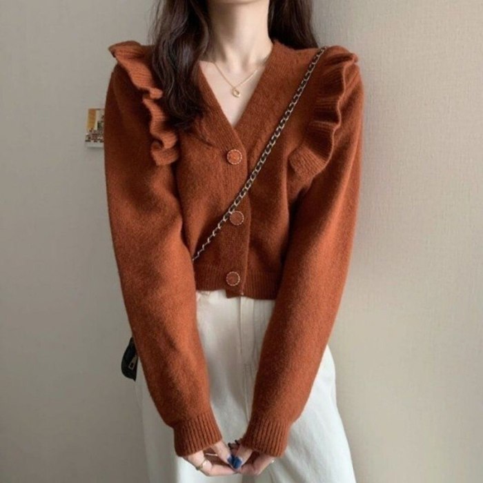 Cardigan Women V-neck Pure Color Stylish Female Mujer De Moda Casual Button Korean Style Spring Long Sleeve All Match Chic Crop