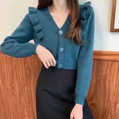 Cardigan Women V-neck Pure Color Stylish Female Mujer De Moda Casual Button Korean Style Spring Long Sleeve All Match Chic Crop