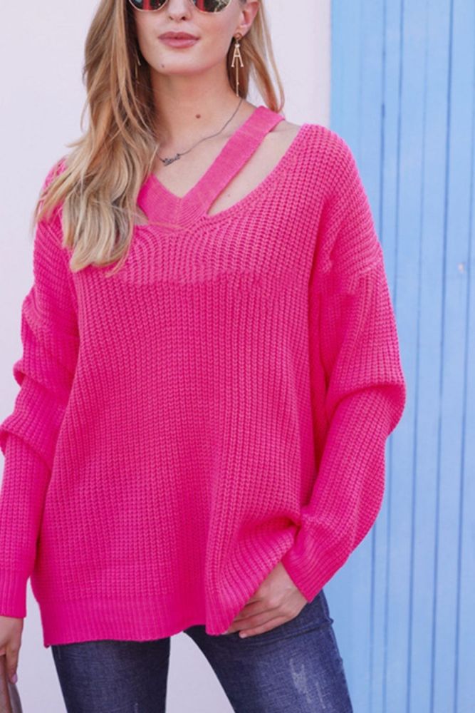2021 Women Autumn Winter Hollow Out Sweater Loose V Neck Long Sleeve Knitwear Jumper- Rose Red Green Fashion Female Streetwear