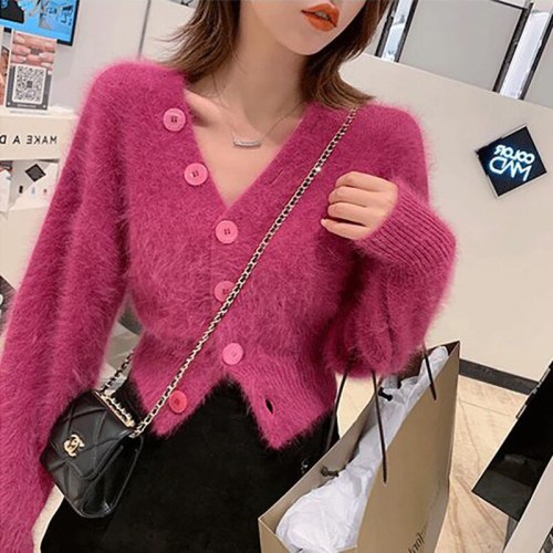 Simple  New Korean Long Sleeve Knitted Cardigan For Women's Solid Color V-Neck Loose Buttons Knitted Sweater Cardigan