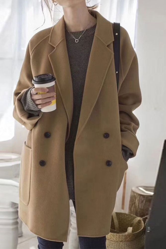 Women Wool Coats Solid Fashion Warm Loose Casual All-match Ulzzang Retro Simple Female Office Lady Double Breasted Blends Jacket