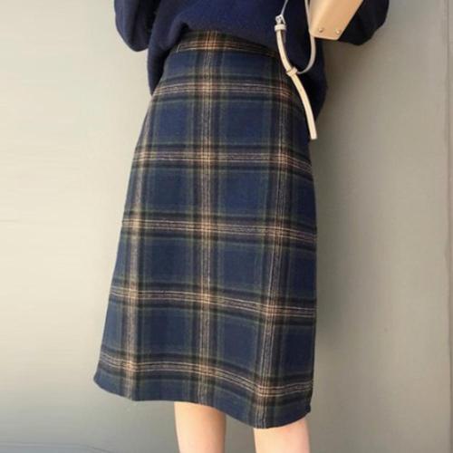 Korean Fashion Casual Women Autumn Winter Vintage Blue/Gray Plaid High Waist Warm Faux Woolen A-line Skirt Plus Size S-2XL