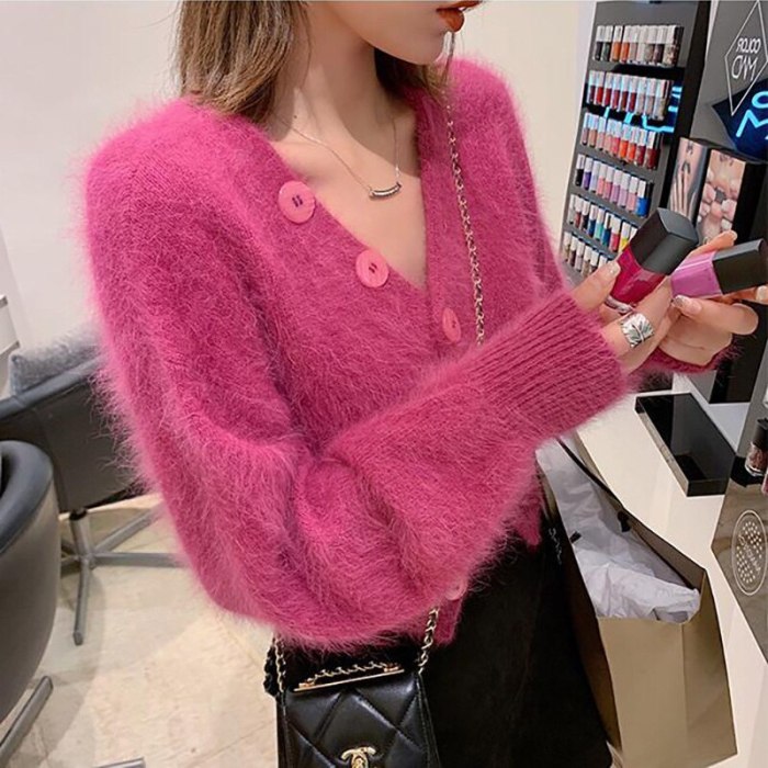 Simple  New Korean Long Sleeve Knitted Cardigan For Women's Solid Color V-Neck Loose Buttons Knitted Sweater Cardigan