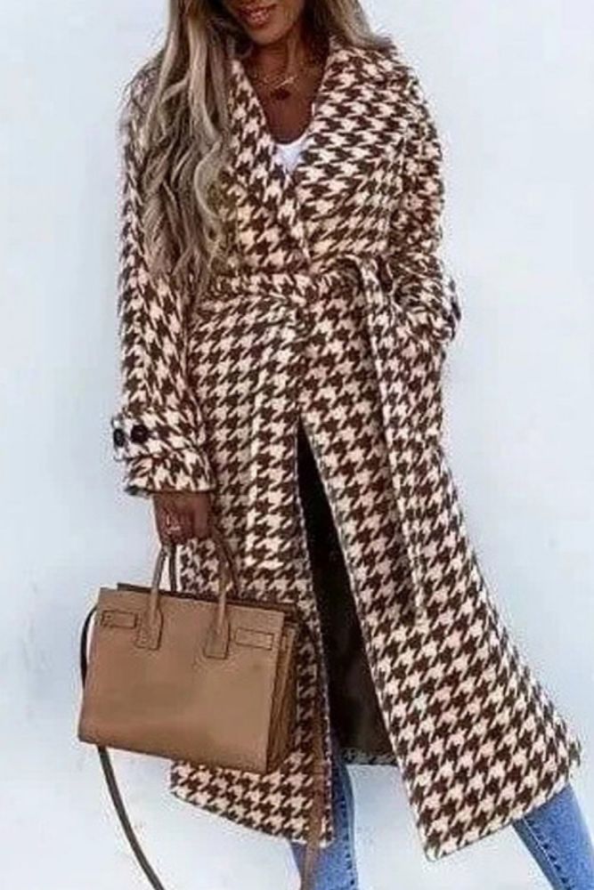 Elegant Lapel Office Lady Retro Jacket Outwear Women Long Sleeve Houndstooth Overcoat Winter Casual Loose Belted Coat Streetwear