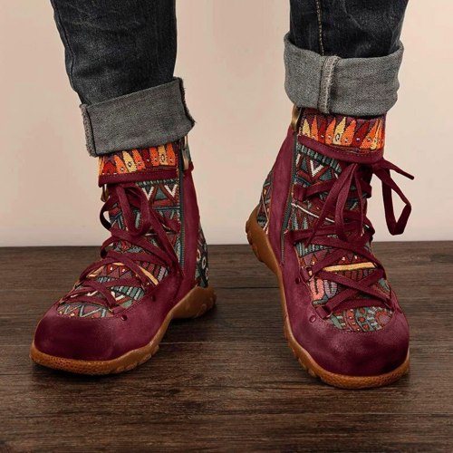 New Winter Women Boots Retro Warm Leisure Embroidery Stitching Lace Up Ankle Boots Cross-tied Comfortable Women Shoes Flat Shoes