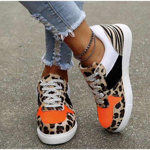New Women Leopard Vulcanized Shoes Female Sneaker Lace-Up Flat Comfort Faux Fur Shallow Leisure Ladies Footwear Zapatos De Mujer