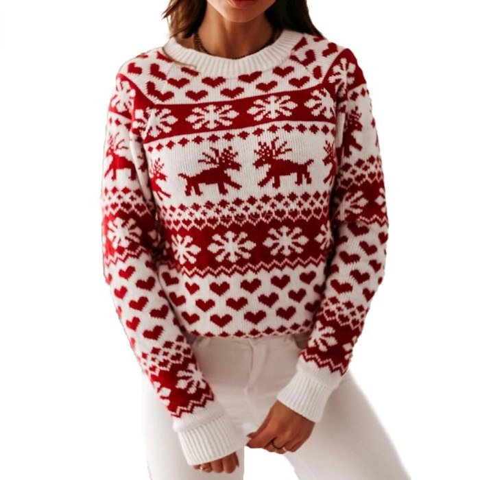 Women's Christmas Sweater 2021 Fall/Winter Women's Knitted Pullover Long Sleeve Snowflake Elk Printed Warm Sweater S-XXL