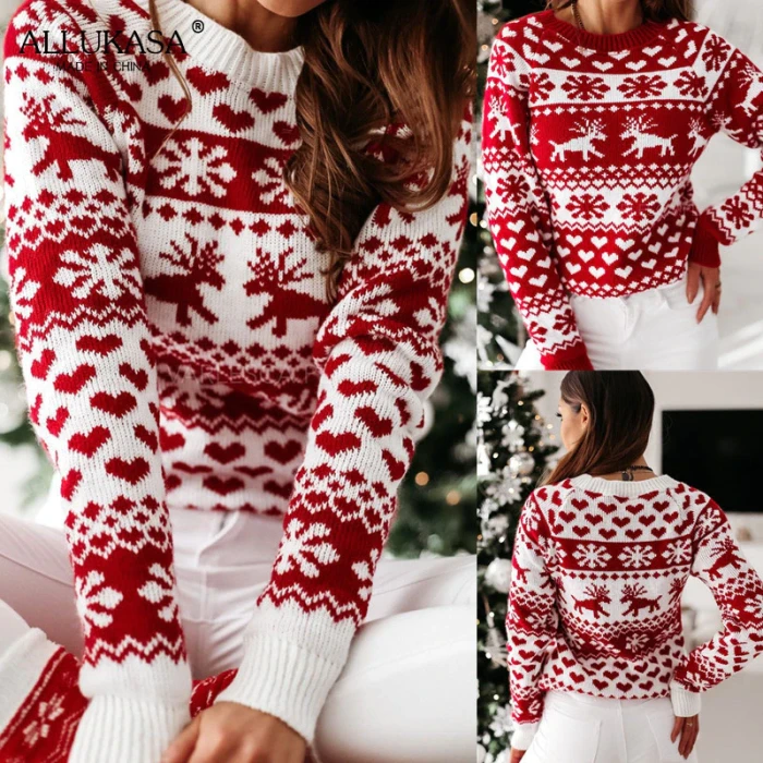 Women's Christmas Sweater 2021 Fall/Winter Women's Knitted Pullover Long Sleeve Snowflake Elk Printed Warm Sweater S-XXL