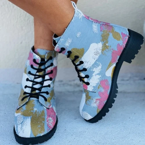 Women Boots Laces Platform Soles Tie-Dye Sports Colorful  Casual Low-Heeled Female Boots