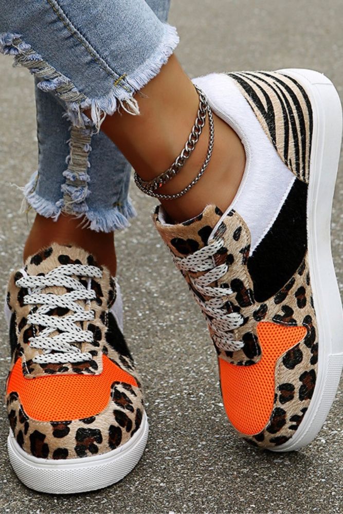 New Women Leopard Vulcanized Shoes Female Sneaker Lace-Up Flat Comfort Faux Fur Shallow Leisure Ladies Footwear Zapatos De Mujer