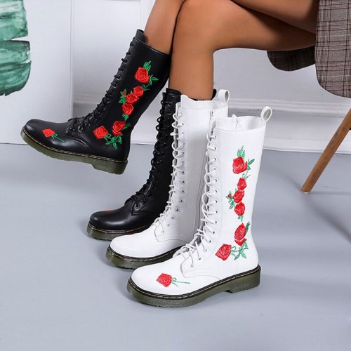 Spring Autumn Women Boots National Style Middle Tube Cortex Low-heeled Casual Martin Boots Fashion Embroidered Women's Shoes