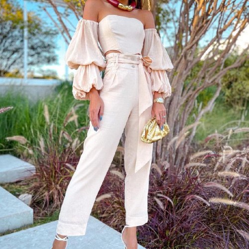 2021 Women  Long Sleeve Solid Cotton Linen Off Shoulder Top Fashion Sexy Casual Pants Two Piece Set