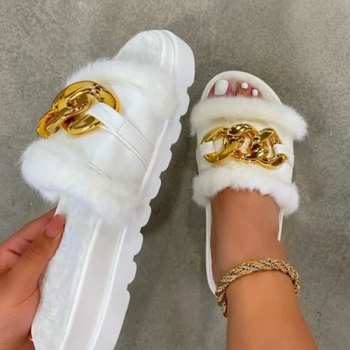 Summer Plush Slippers Fashion Open Toe Solid Color Women's Sandals Metal Chain Outdoor Casual Women's Shoes Plus Size