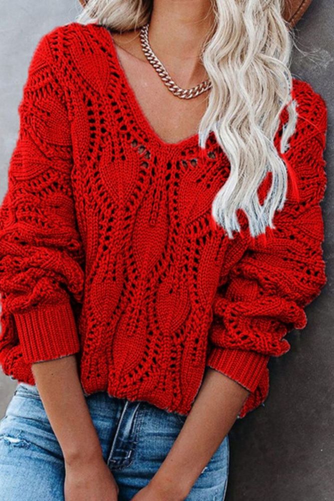 Casual Solid V-Neck Sweater Women Fashion Loose Hollow Out Knitted Jumper Female 2021 Autumn Winter Long Sleeve Sweaters Elegant