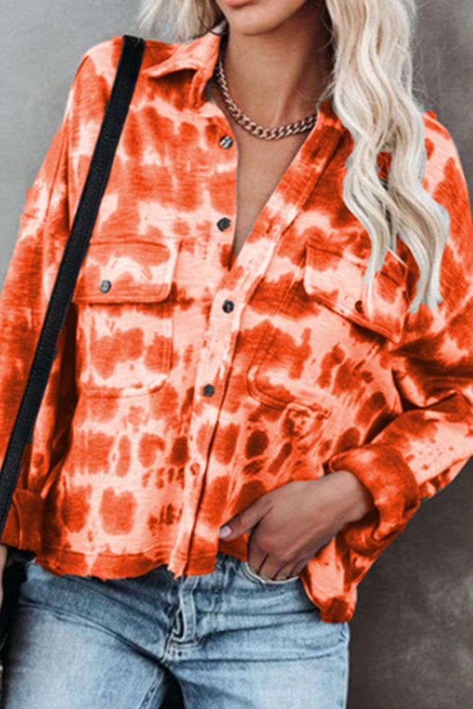 Autumn new style women's tie-dye printing lapel long-sleeved T-shirt top