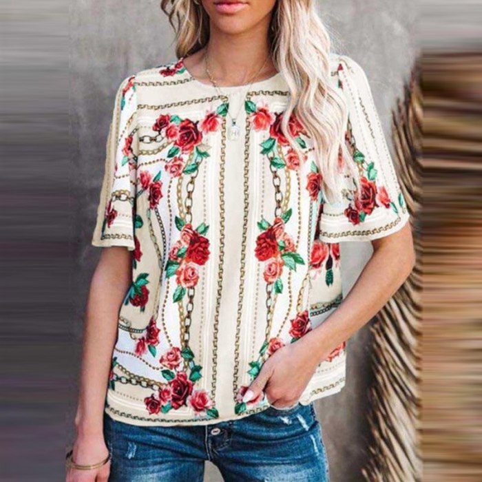 O Neck Short Sleeve  Floral Print Tops Blusa Casual Female Loose Pullovers Shirts
