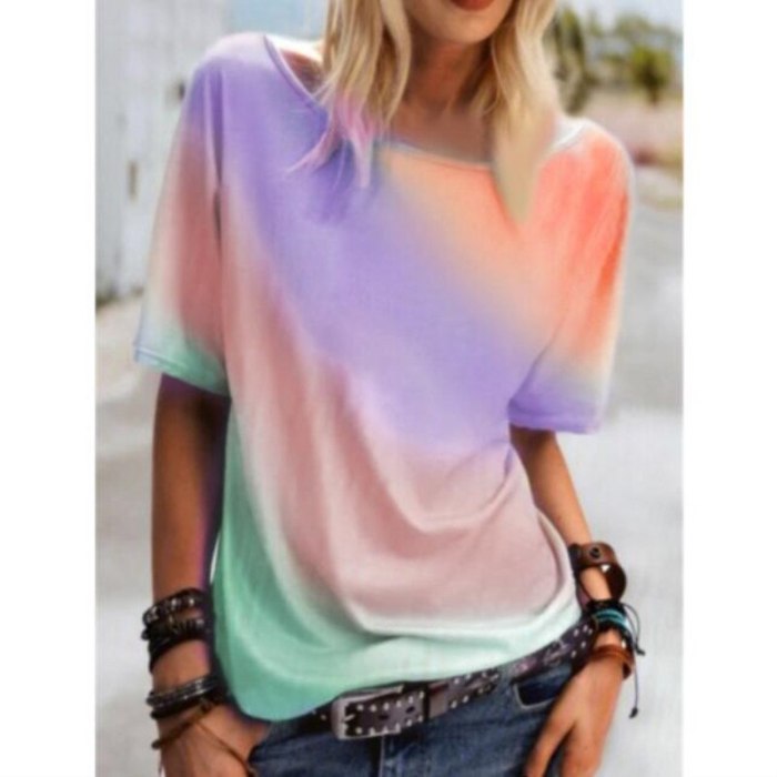 5XL Large Size Rainbow Color Print Women Loose Casual T shirt 2021 New Summer Fashion O-Neck Short Sleeves Top Tees