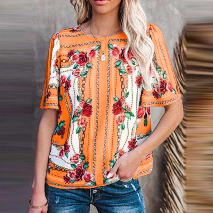 O Neck Short Sleeve  Floral Print Tops Blusa Casual Female Loose Pullovers Shirts