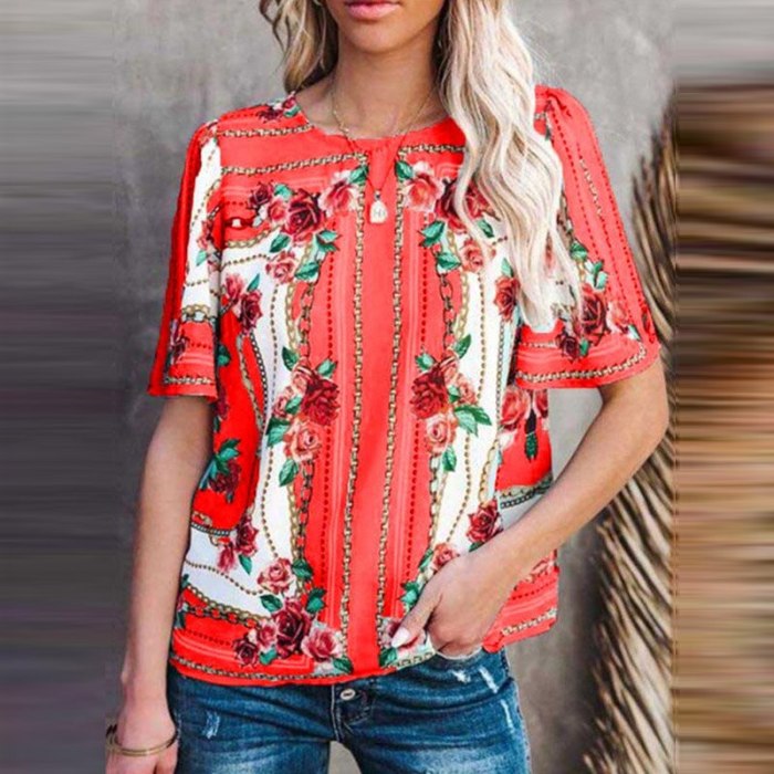 Summer O Neck Short Sleeve Blouse Shirt 2021 Retro Women Floral Print Tops Blusa Casual Female Loose Pullovers Shirts Streetwear