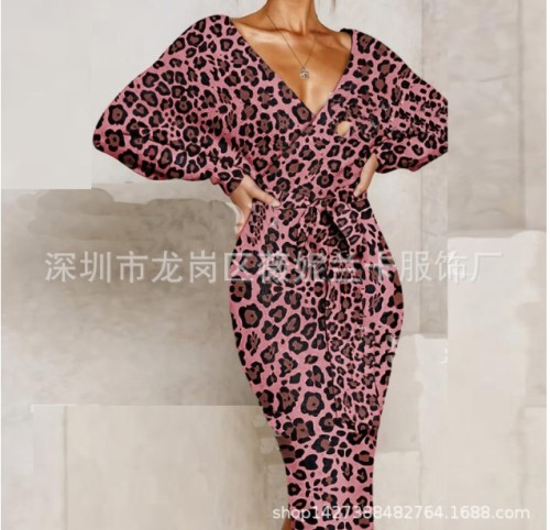 2021 Leopard Printed Sexy Party Dress Women Vintage Plus Size Long Sleeve Dress Night Club Sheath Ladies Dresses Big V-neck Hot
