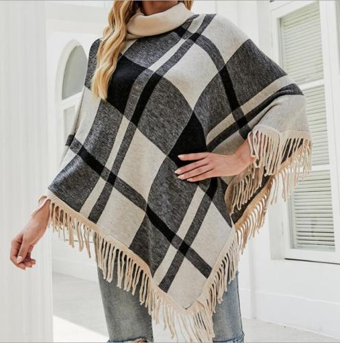 Boho Chic Shawl Women Turtleneck Sweater Knit Plaid Pullover Scarf Wrap Poncho Tassel High Neck Winter Lady Outfit Accessories