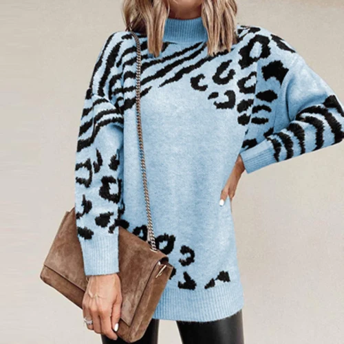 Leopard Print Knitted Sweater Women Long Sleeve Patchwork Top Pullover Winter Casual Loose Sweater