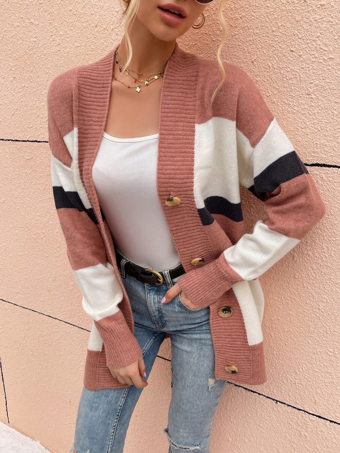 New Women Sweater Coat Autumn Winter V Neck Patchwork Mid-Long Style Cardigan Single-Breasted Loose Casual Knitted Striped Coat