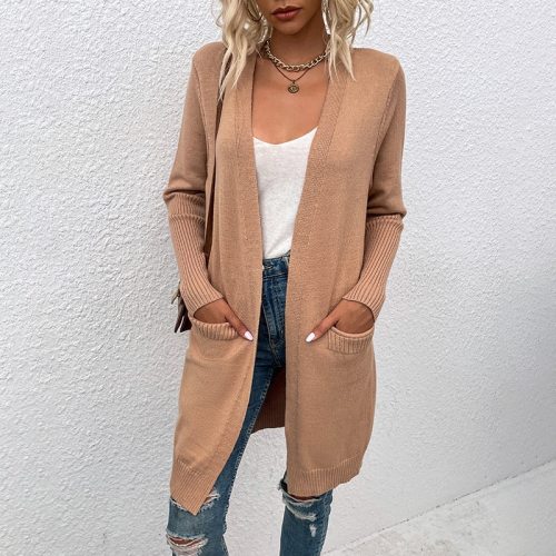 Knitted V-neck Long Cardigan for  Solid Women's Sweater Oversize Loose Casual Pocket Coat Apricot Khaki