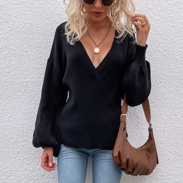 Autumn Winter Clothes Sweater Women 2021 New Fashion Cross V-Neck Lantern Sleeve Knitwear Pullovers Female Jumper Knitted Top
