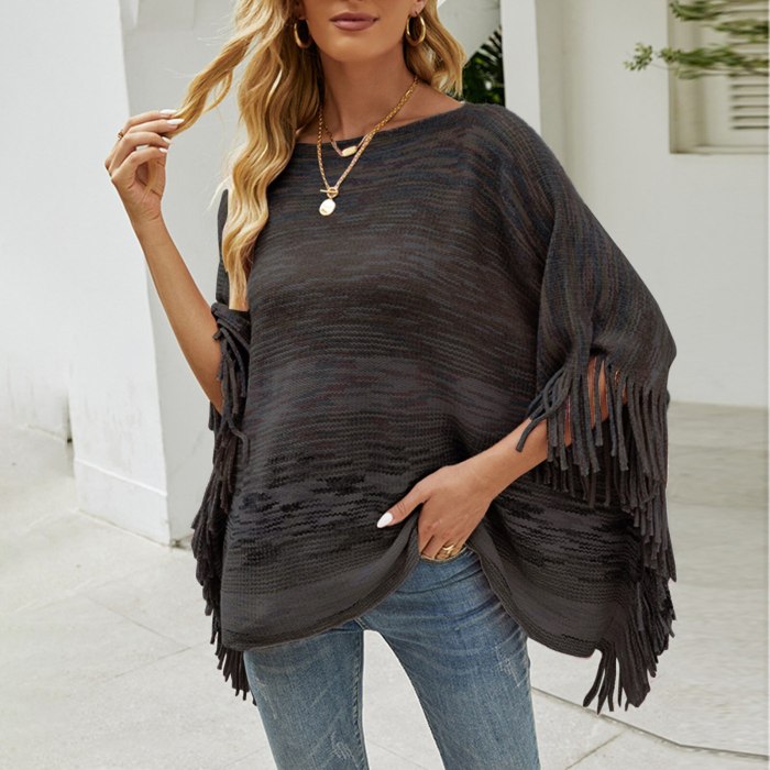 Elegant Tassel Sweater Poncho Women Irregular O Neck Knitted Pullover Shawls Wraps Capes With Stripe Patterns And Fringed Sides