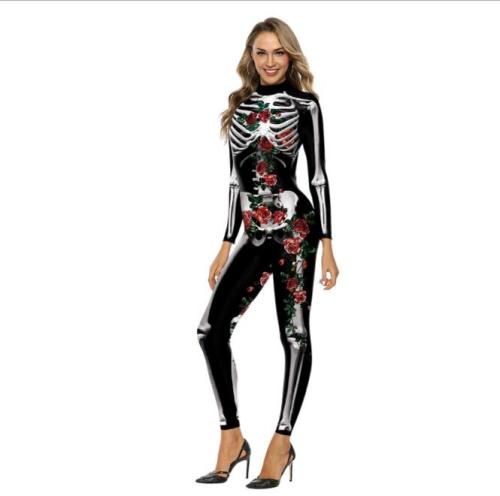 Killer Clown Halloween Costumes For Women Female Joker Cosplay Scary Sexy Long Sleeve Fitness Skeleton Bodysuit One-piece Suit