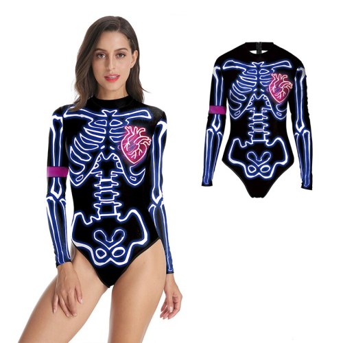 2021 New Fluorescent Skull Print Women's One-piece Summer Casual Long-sleeved Beachwear Sexy Personality Tight Swimsuit