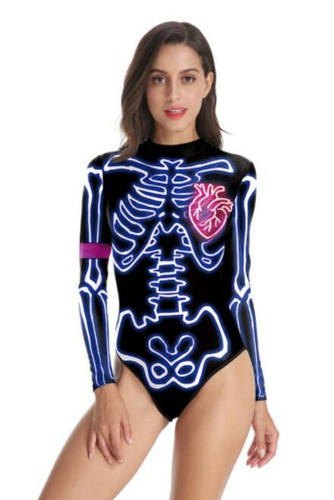 2021 New Fluorescent Skull Print Women's One-piece Summer Casual Long-sleeved Beachwear Sexy Personality Tight Swimsuit