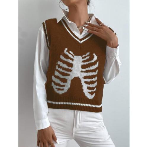 New Women College Style Skull V-neck Sweater Tops Fashion Loose Sweater Knitted Long Sleeves Knitwear