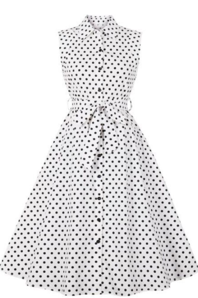 Tonval Turn Down Collar Single-Breasted Polka Dot Summer Cotton Shirt Dress Women 50s Rockabilly Vintage Sleeveless Midi Dresses