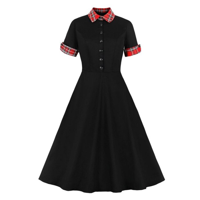 Tonval Contrast Tartan Collar and Cuff 1950s Vintage Black Midi Dress Button Up Elegant Women 95% Cotton Swing Dresses