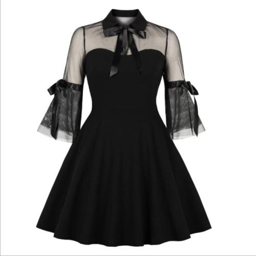 Sexy See Through Flare Sleeve  Female Party Vintage Casual Short Black Mesh Goth Dresses