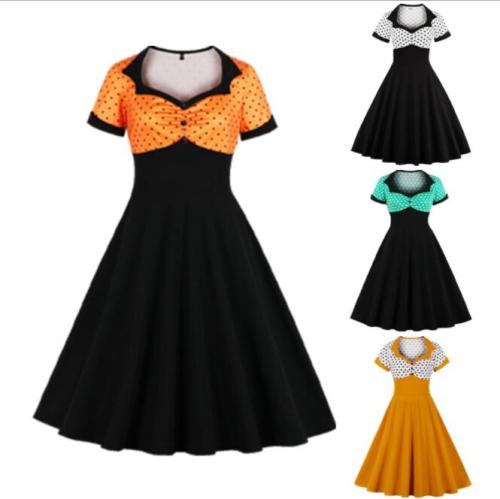Plus Size Casual 50s Vintage Women Dress 4XL Ladies Yellow Black Polka Dot Print Robe Rockabilly Swing Party Vestidos