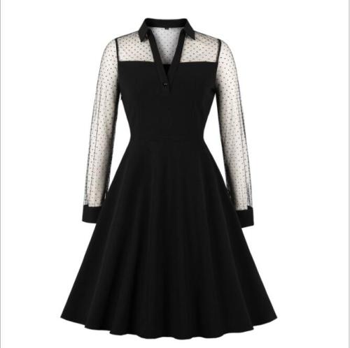 Black Dresses V Neck Long Sleeve Elegant Party  Patchwork Solid Sexy Dresses