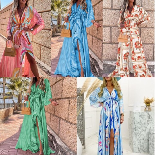 Bishop Sleeve Printed Colour Belted Vacation Maxi Dress