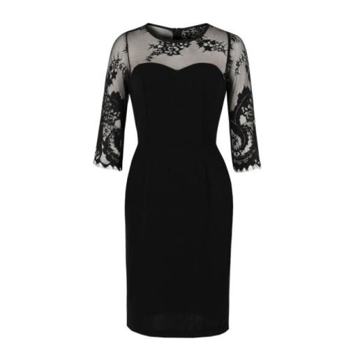 Black Workwear Contrast Lace Office Lady Bodycon Pencil Dress Women Autumn 3/4 Length Sleeve Slim Fitted Sheath Dresses